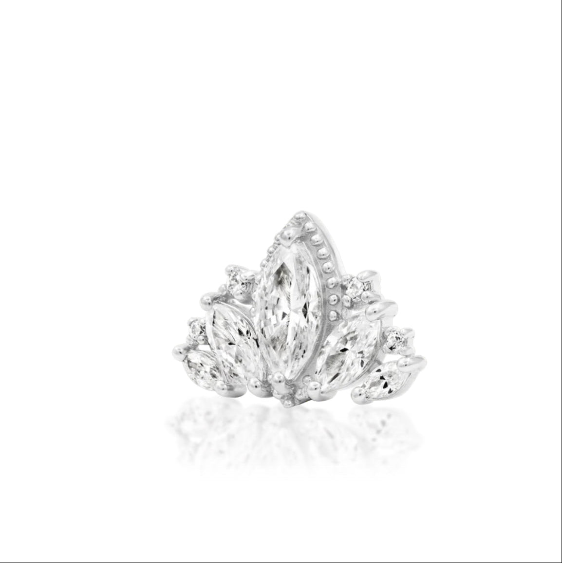 Angled white gold conch earring featuring a sweeping fan of marquise-cut cubic zirconia
