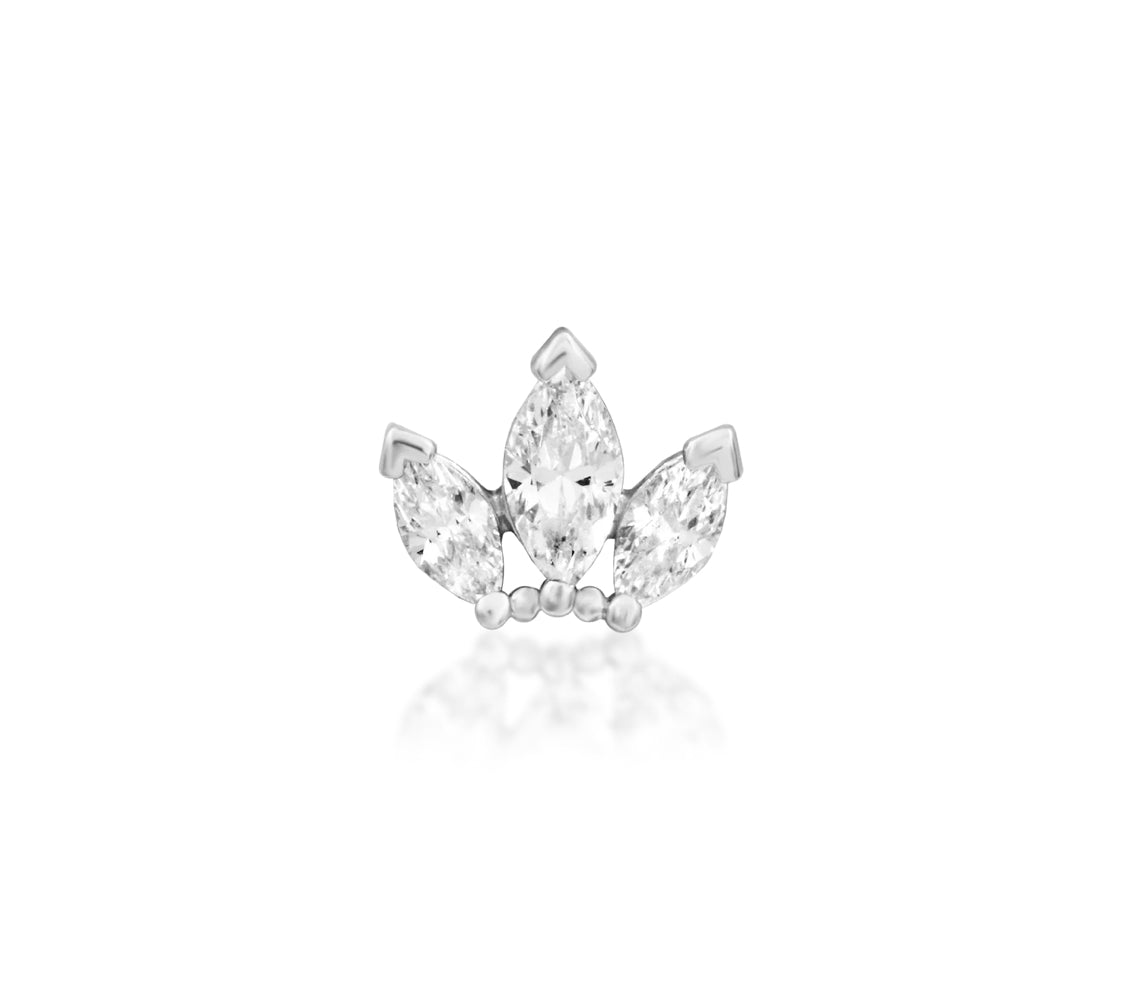 Junipurr Beaded Fan white gold flat earring with three marquise-cut white CZ stones
