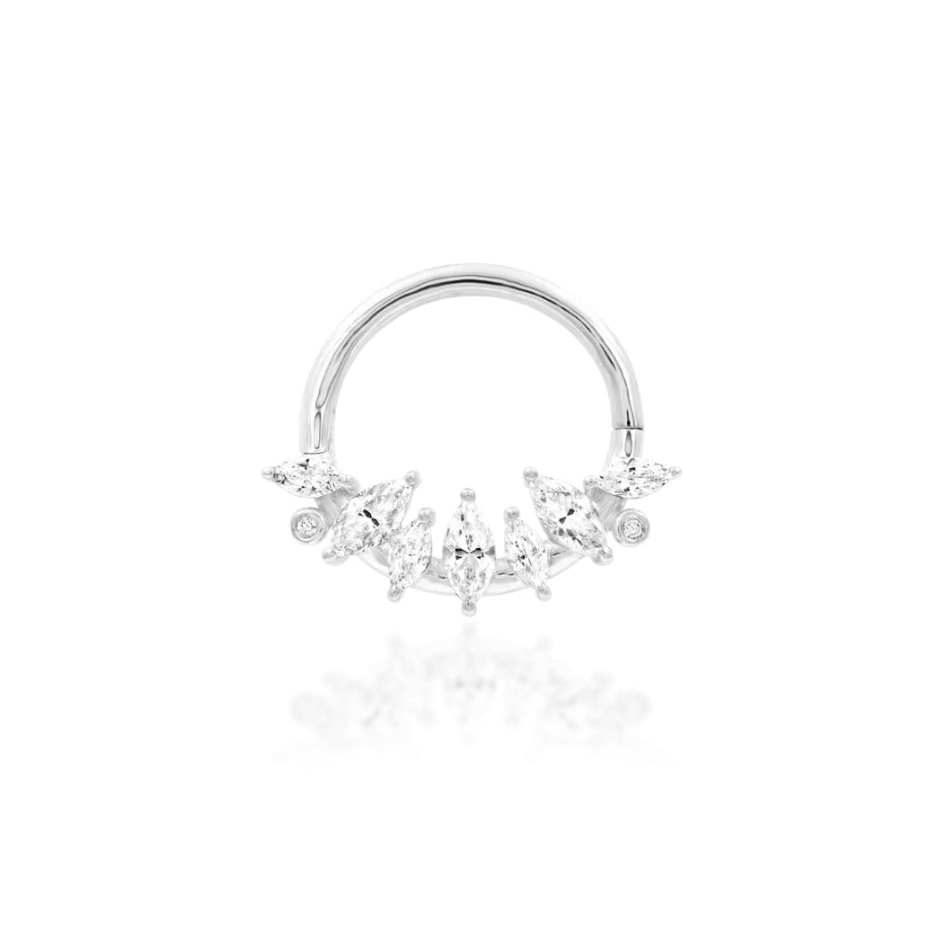 White gold marquise septum ring with brilliant clear CZ stones.
