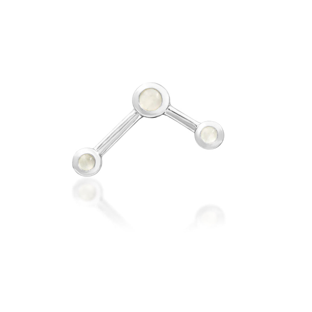 Front view of Junipurr Asteria in solid 14k white gold with three circular moonstone settings
