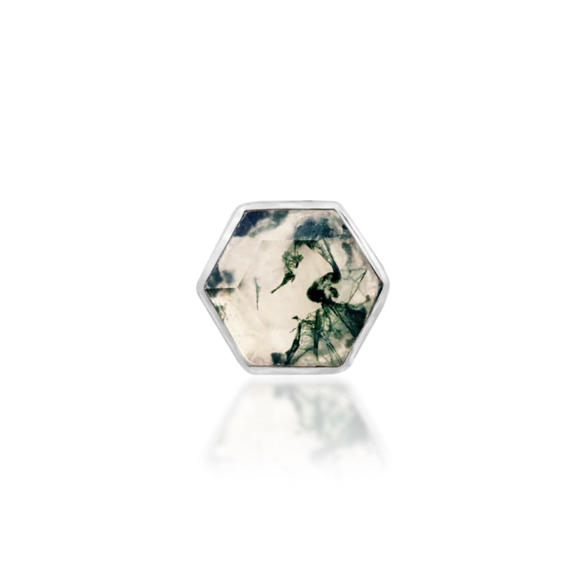 Junipurr Valerie II white gold flat earring with a genuine hexagon-shaped moss agate gemstone