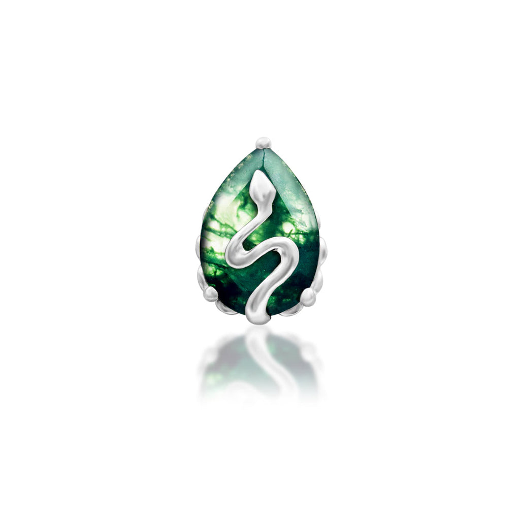 Junipurr Hecate snake earring in solid 14k white gold with natural moss agate