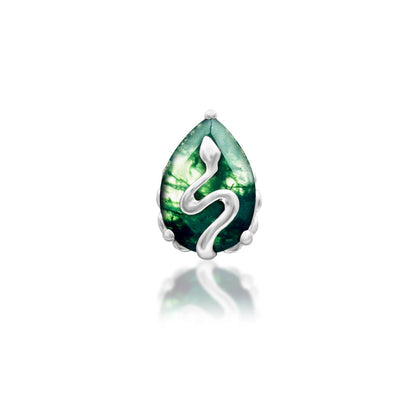 Junipurr Hecate snake earring in solid 14k white gold with natural moss agate