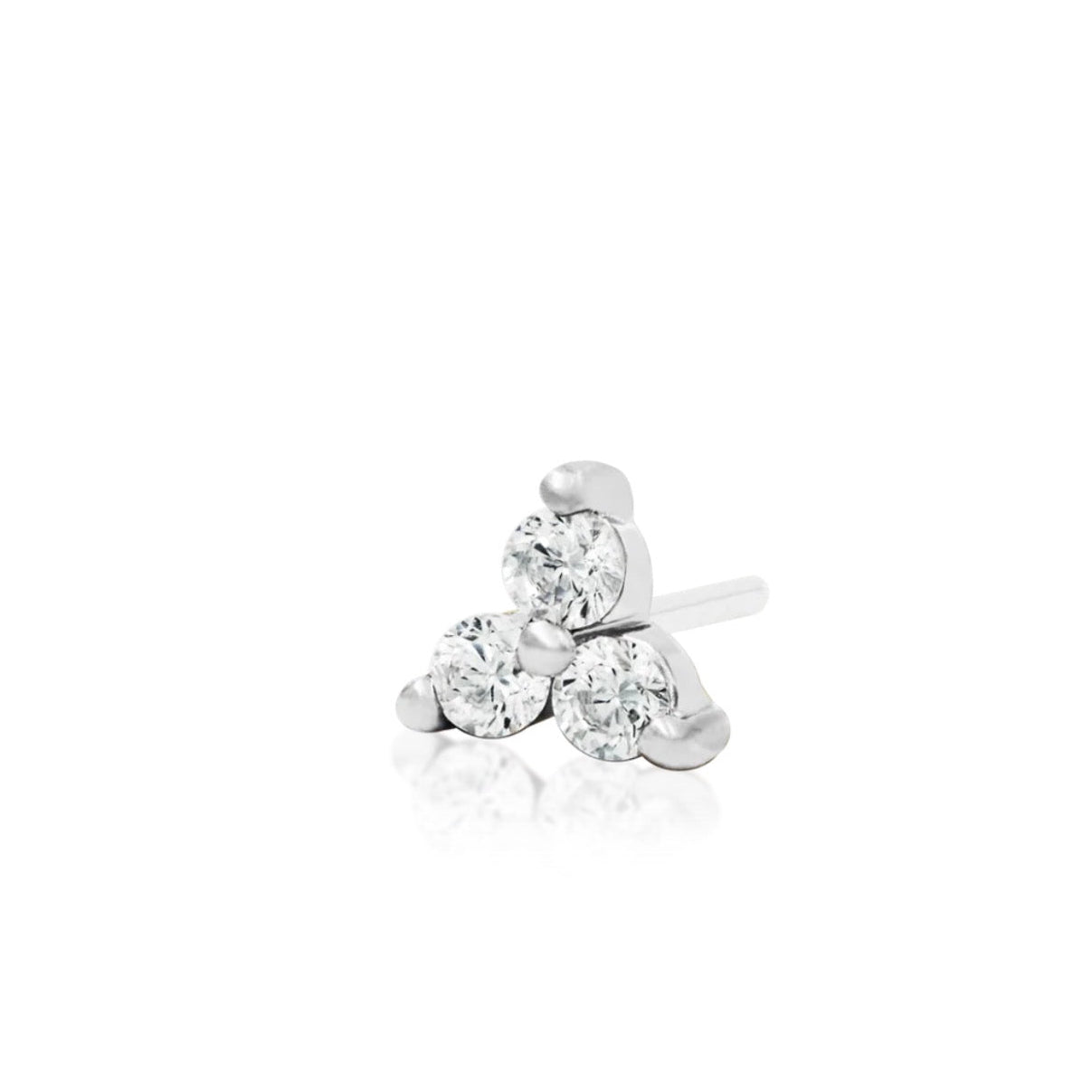 White gold Trinity piercing end featuring three prong-set mystic topaz CZ stones in a 4mm design.