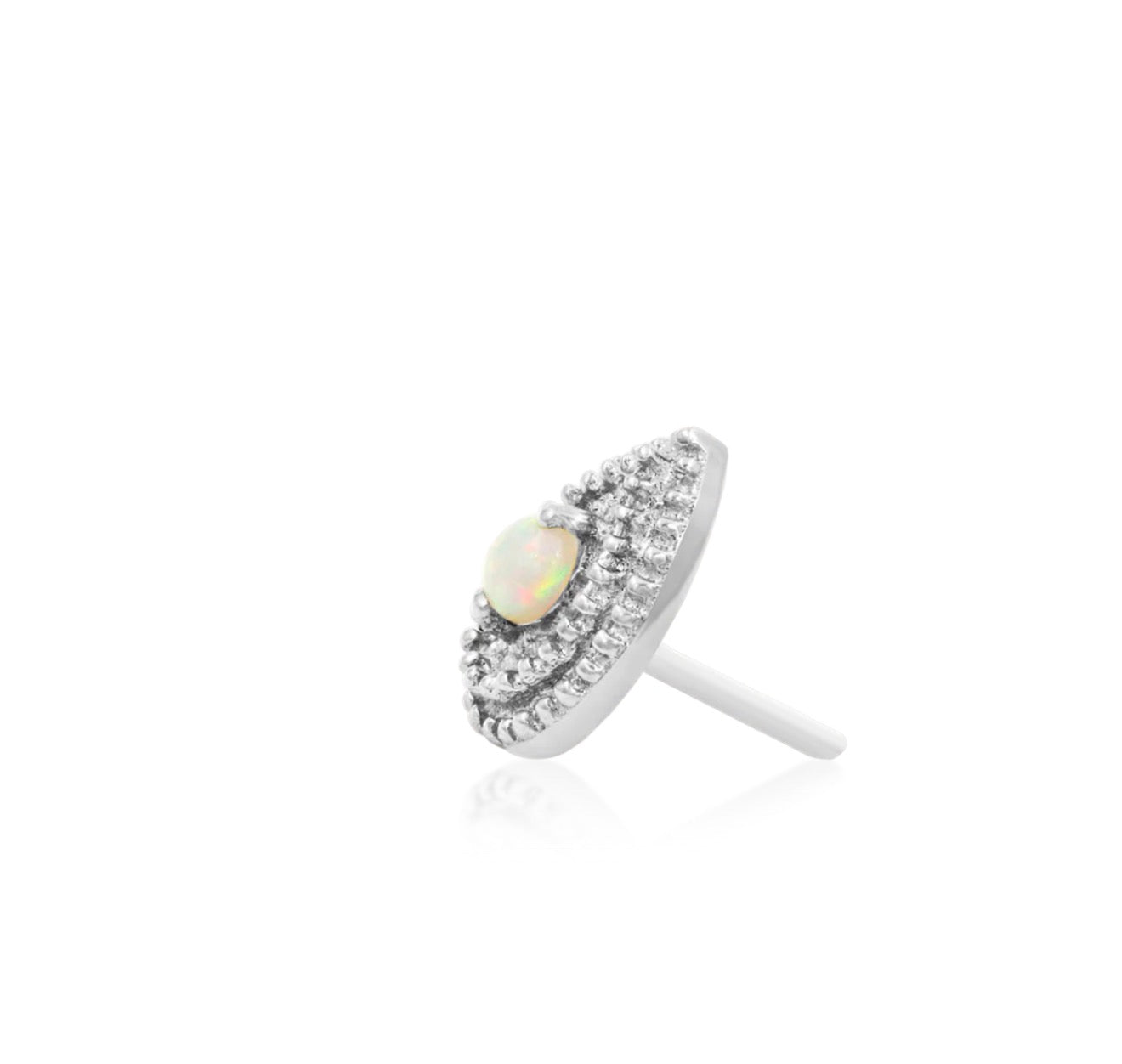 White gold tragus earring with a luminous pear-shaped opal and two close-set rows of metal beads
