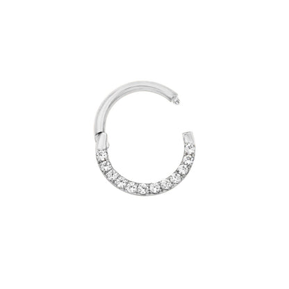 White gold pavé daith jewellery with clear cubic zirconia following the front of the hinged ring.
