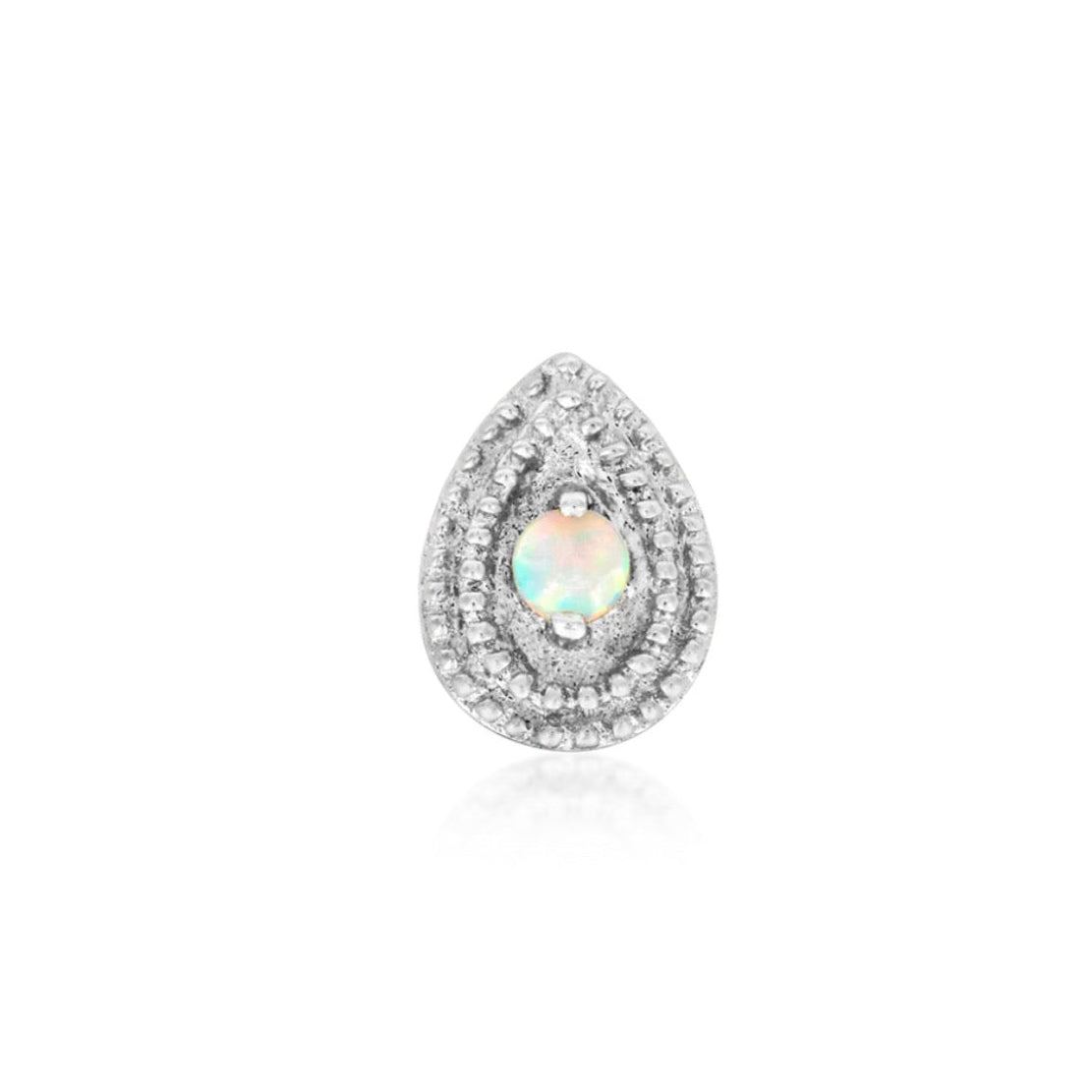 White gold flat earring featuring a pear-shaped synthetic opal surrounded by intricate beaded detailing