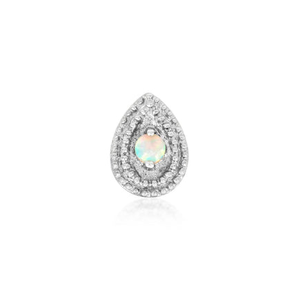 White gold flat earring featuring a pear-shaped synthetic opal surrounded by intricate beaded detailing
