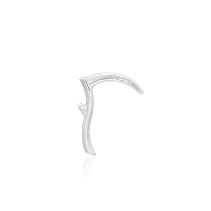 White gold scythe threadless end with a high-polish finish and sweeping curved blade.