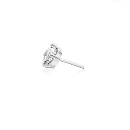 Small white gold threadless end measuring 3mm by 3mm with a bright round crystal at its centre.