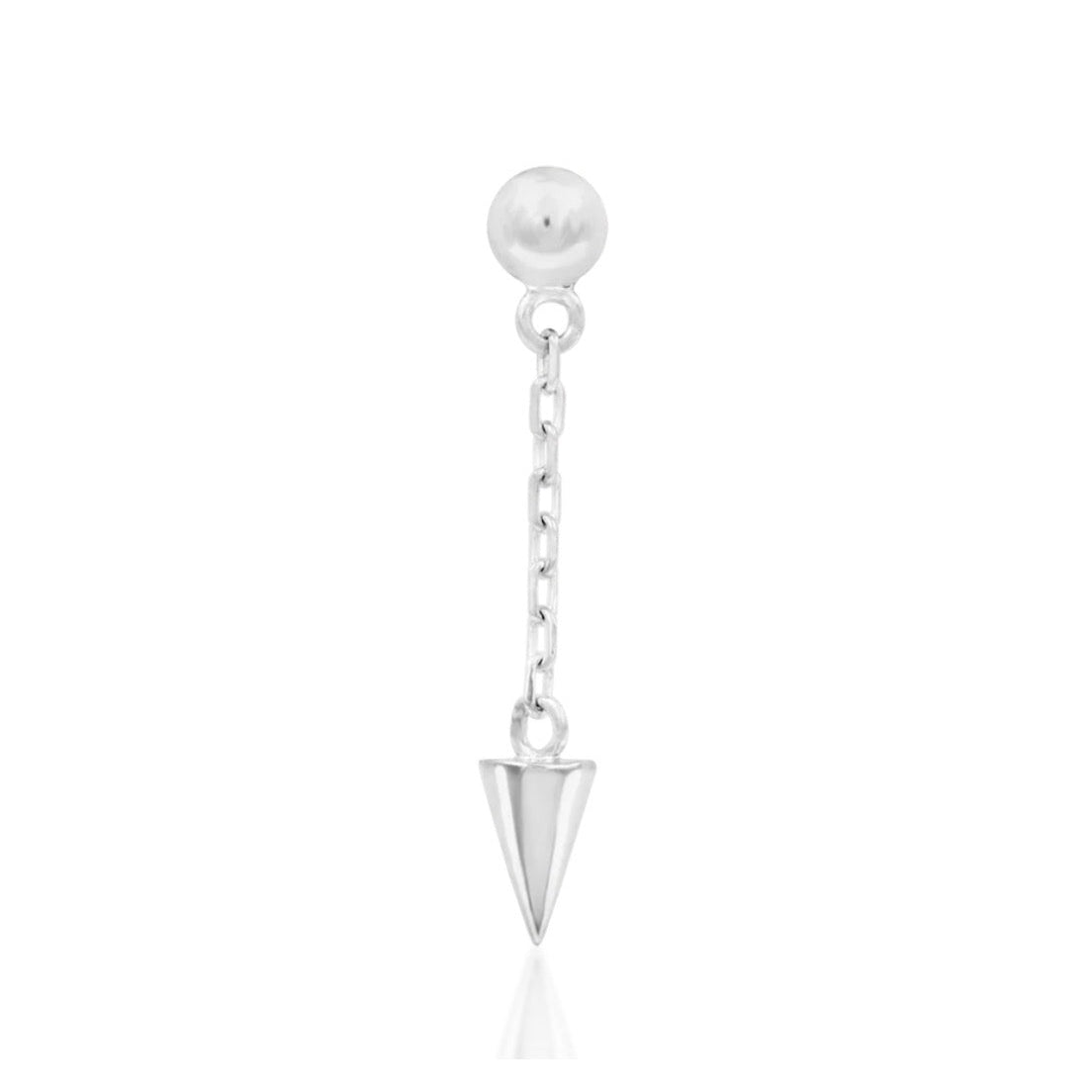 White gold spike dangle earring with a delicate chain and polished solid 14k gold drop.