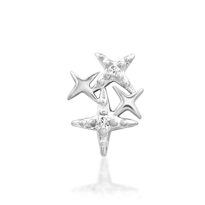 White gold star cluster cartilage earring with textured celestial details and sparkling white cubic zirconia.
