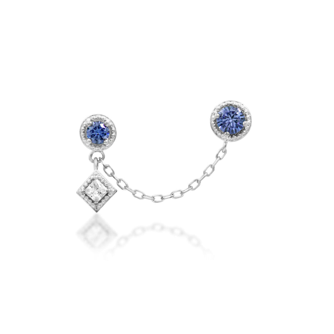 Junipurr Finery white gold chain earring featuring Light Tanzanite and White CZ gemstones