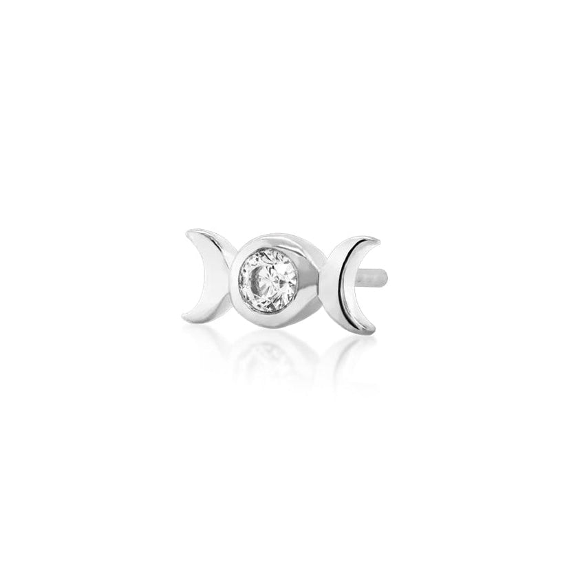 White gold tragus earring end with two crescent moons and central cubic zirconia