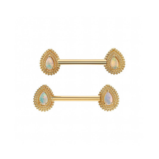 BVLA Afghan Pear yellow gold cartilage earring with White Opal pear gemstone and ornate gold detailing