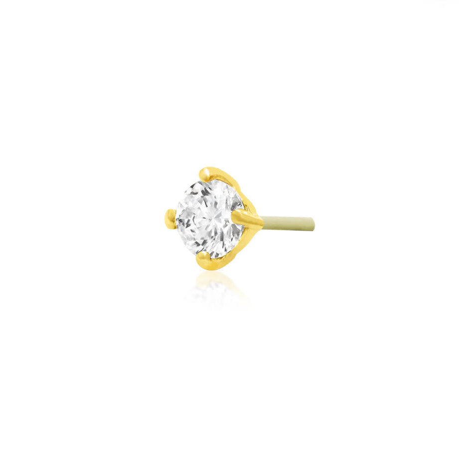 Petite yellow gold threadless jewellery with a 3mm cubic zirconia creating a concentrated point of sparkle.