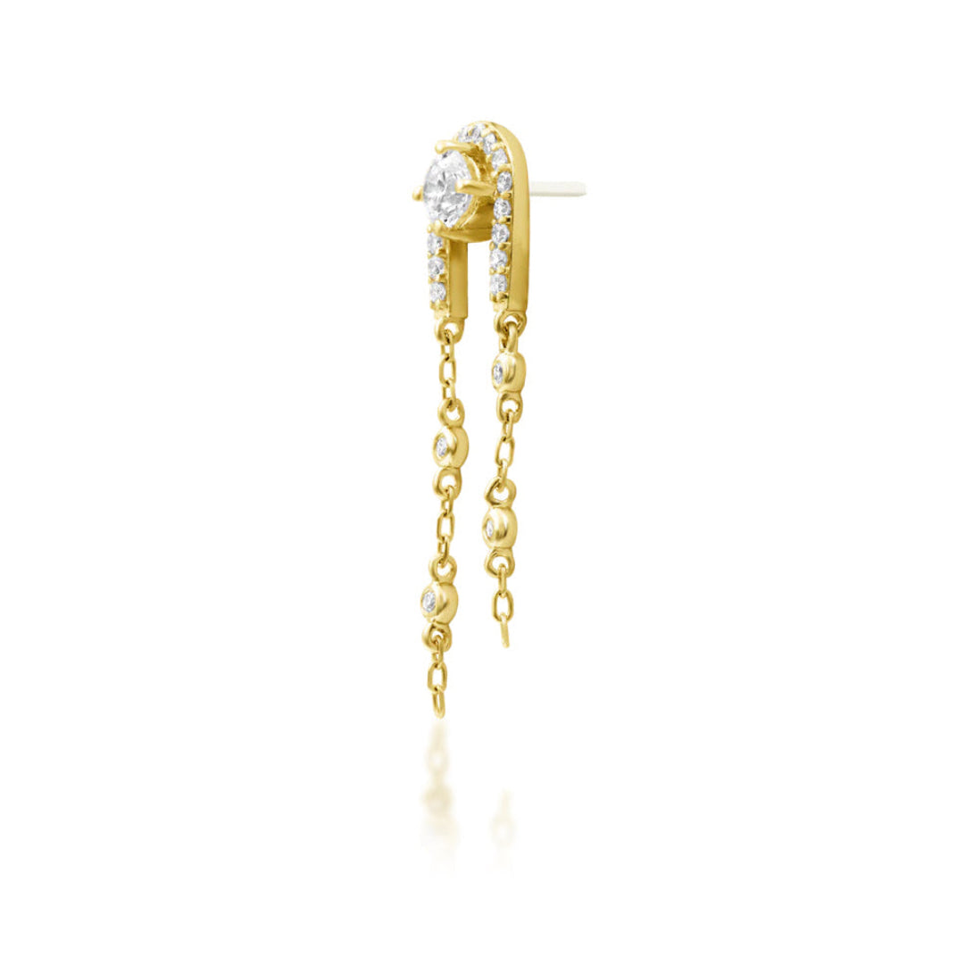 Yellow gold cartilage earring with twin chain drops and white cubic zirconia
