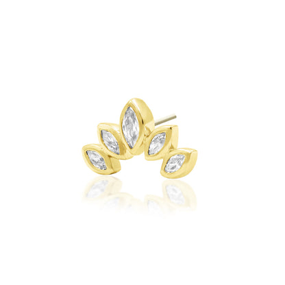     Curved yellow gold flat earring with five bezel-set marquise white CZ stones