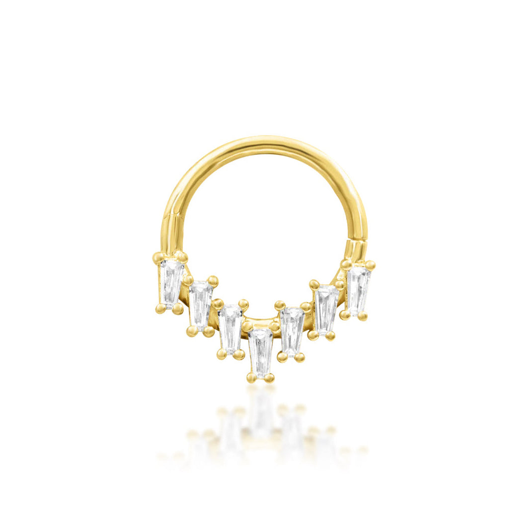 Gold CZ daith ring in 14k yellow gold, featuring the structured white-stone design of Junipurr Corus