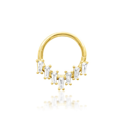 Gold CZ daith ring in 14k yellow gold, featuring the structured white-stone design of Junipurr Corus