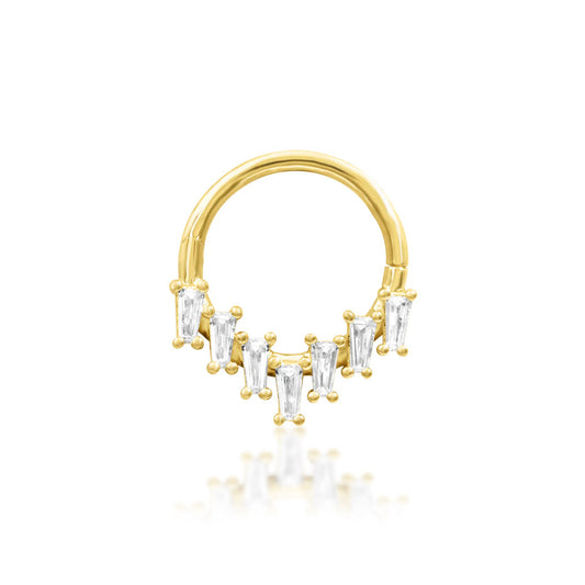 Gold CZ daith ring in 14k yellow gold, featuring the structured white-stone design of Junipurr Corus