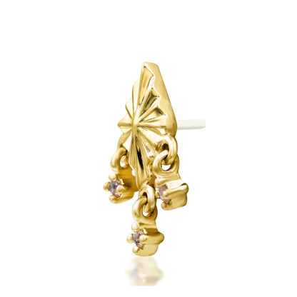 Yellow gold dangle cartilage earring with radiating goldwork and suspended champagne gemstones