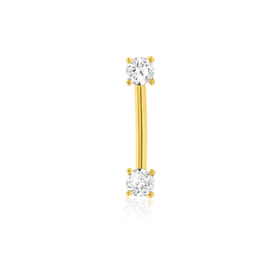 Internally threaded yellow gold curved barbell with two forward-facing cubic zirconia gems