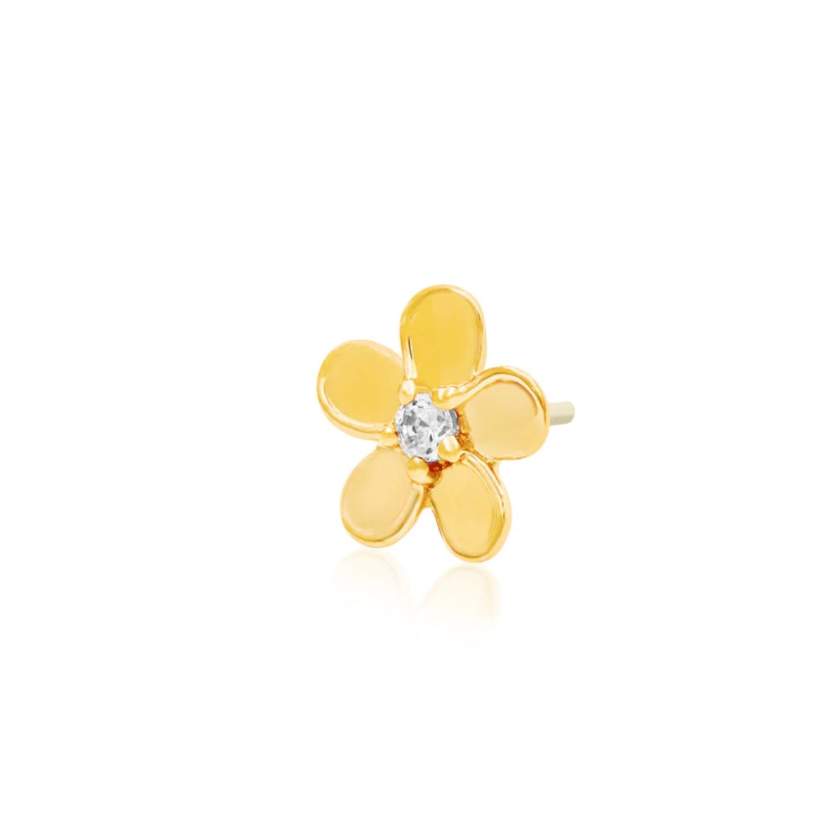 Yellow gold floral helix stud with polished petals and a central white CZ