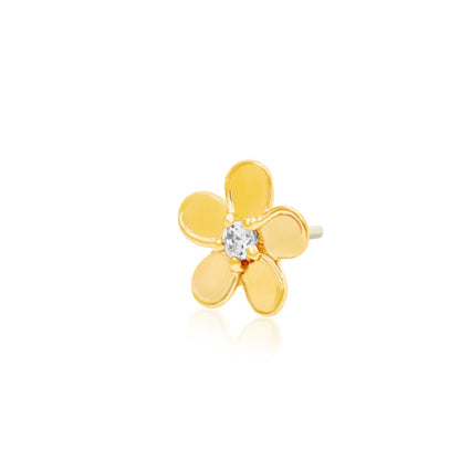 Yellow gold floral helix stud with polished petals and a central white CZ