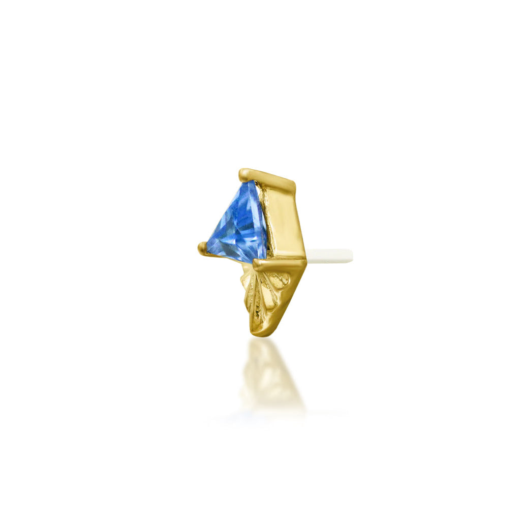 Yellow gold cartilage earring featuring architectural detailing and a lavender-blue cubic zirconia