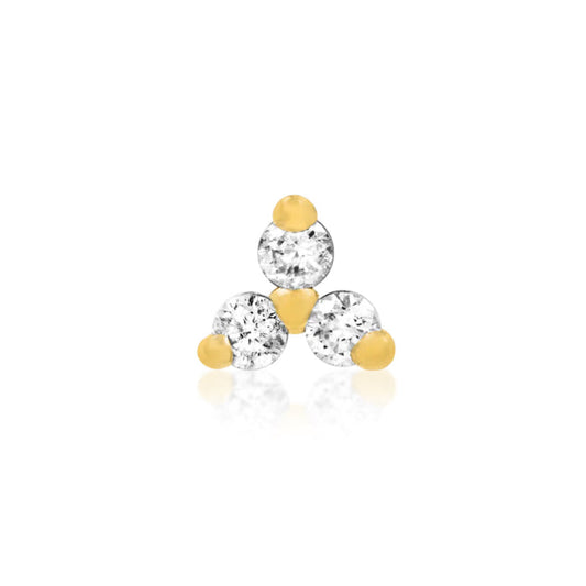 Junipurr Trinity CZ threadless end in yellow gold with three prong-set gemstones arranged in a compact cluster.