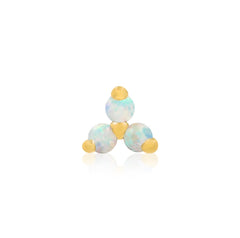 Junipurr Trinity with Opal threadless end in yellow gold with three prong-set synthetic opals in a compact cluster.
