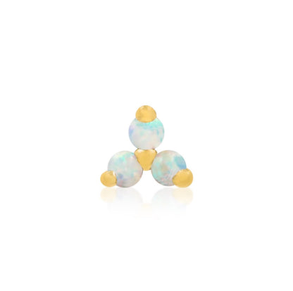 Junipurr Trinity with Opal threadless end in yellow gold with three prong-set synthetic opals in a compact cluster.