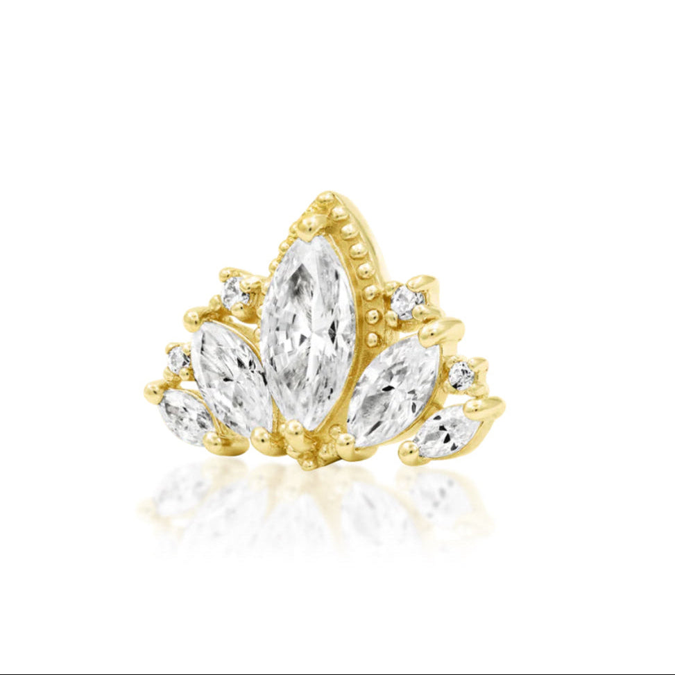 Angled view of the Queen Naveen yellow gold flat earring with a fan of marquise white cubic zirconia