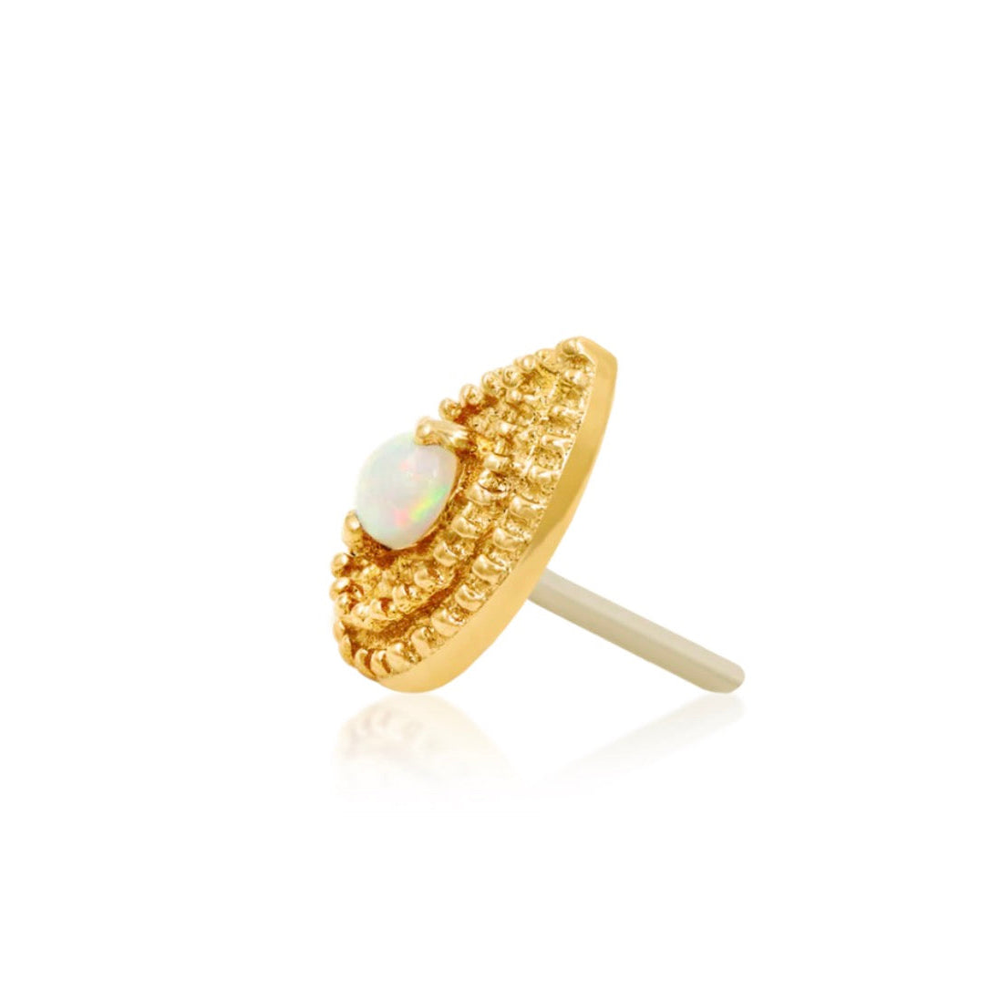 Yellow gold cartilage earring featuring a pear-shaped opal framed by two rows of polished beading
