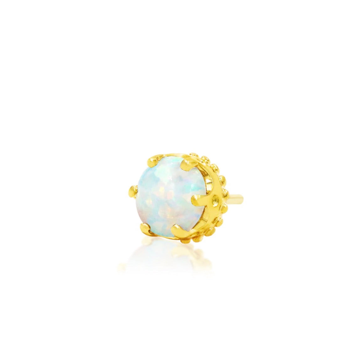 Petite yellow gold tragus earring featuring a luminous synthetic opal