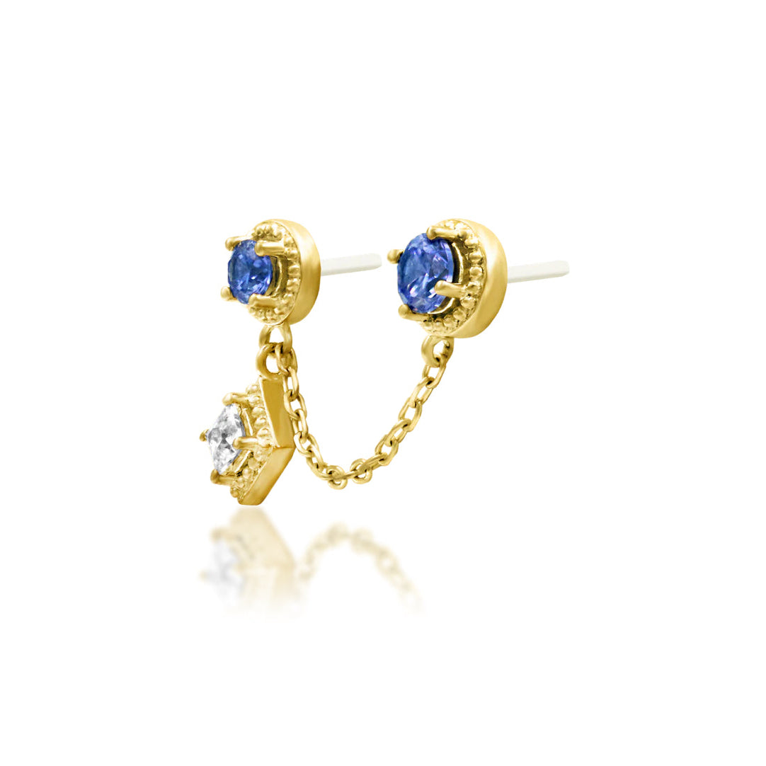 Yellow gold paired helix chain earring with graduated blue and white cubic zirconia stones