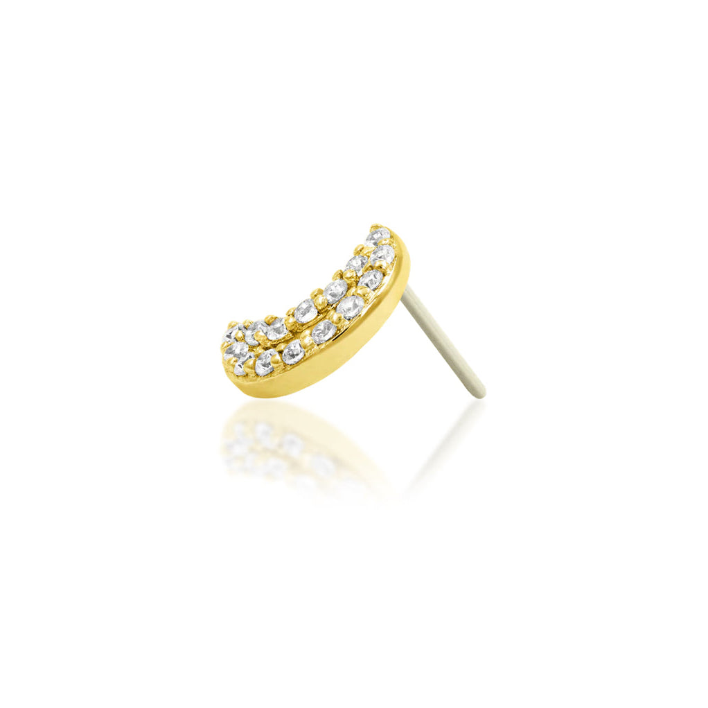 Angled view of a solid yellow gold crescent moon helix earring set with fifteen white CZ stones