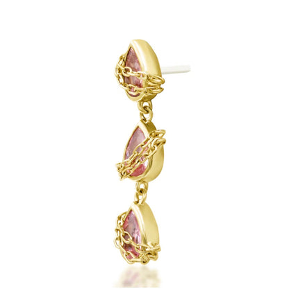    Yellow gold cartilage earring featuring three faceted pink cubic zirconia teardrops with articulated movement