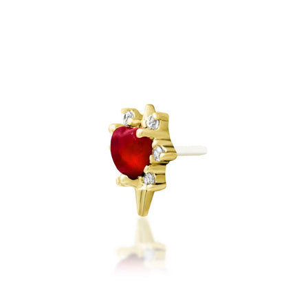 Yellow gold cartilage earring featuring a heart-shaped Carnelian framed by sparkling cubic zirconia