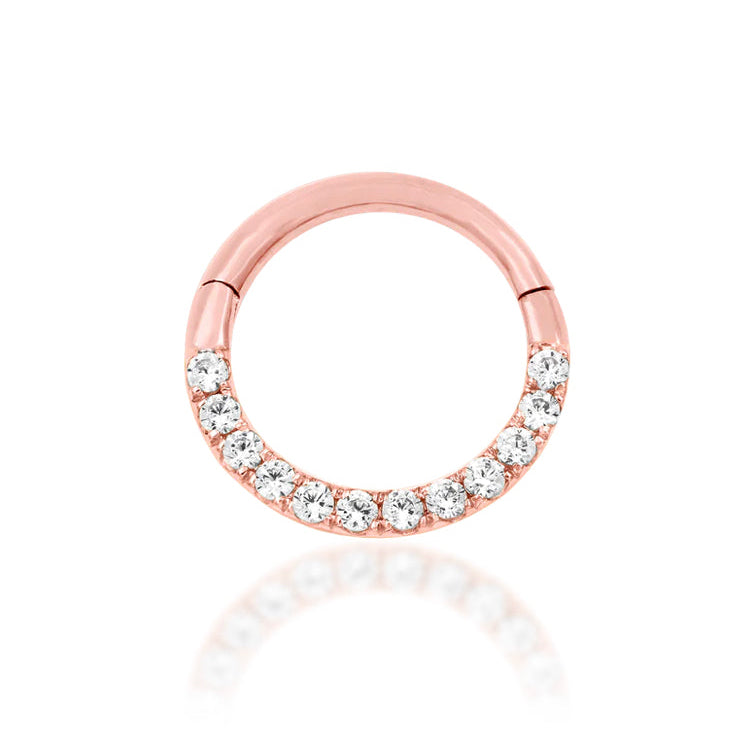 Junipurr Halo solid 14k rose gold clicker ring with 1mm White CZ stones, front view.