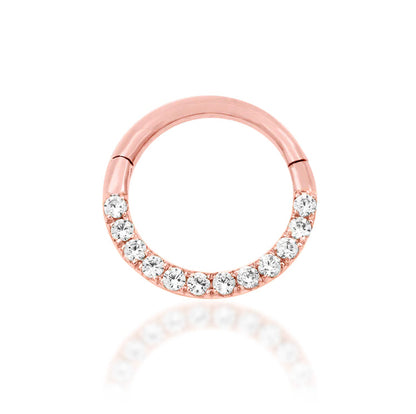 Junipurr Halo solid 14k rose gold clicker ring with 1mm White CZ stones, front view.