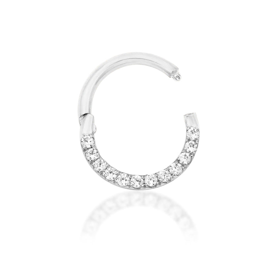 Junipurr Halo solid 14k white gold clicker ring with 1mm White CZ stones, angled view.