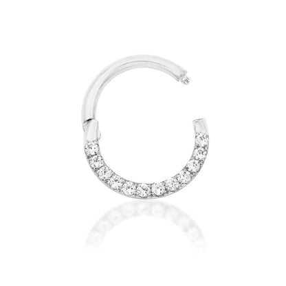 Junipurr Halo solid 14k white gold clicker ring with 1mm White CZ stones, angled view.