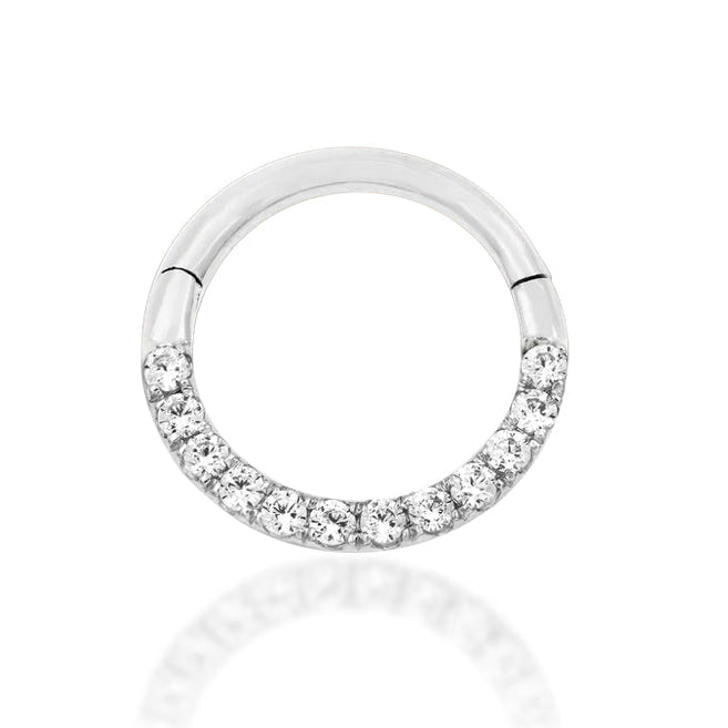 Junipurr Halo solid 14k white gold clicker ring with 1mm White CZ stones, front view.
