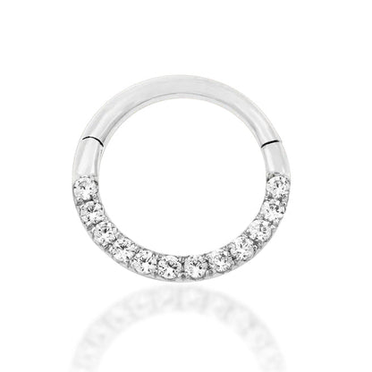 Junipurr Halo solid 14k white gold clicker ring with 1mm White CZ stones, front view.