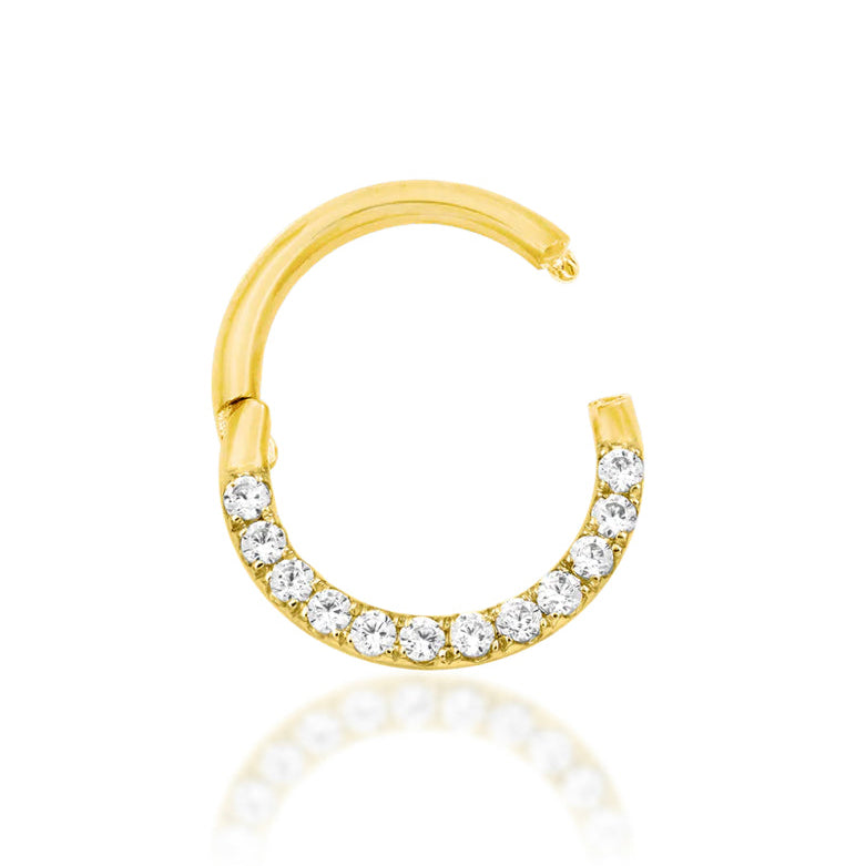 Junipurr Halo solid 14k yellow gold clicker ring with 1mm White CZ stones, angled view.