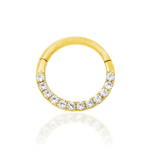 Junipurr Halo solid 14k yellow gold clicker ring with 1mm White CZ stones, front view.