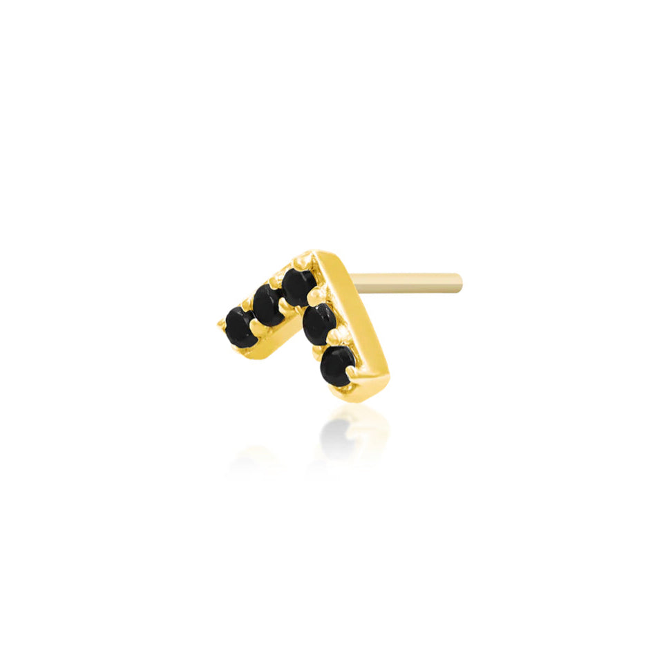 Junipurr Chevron Black CZ solid 14k yellow gold geometric threadless end angled view with bold black gemstone contrast