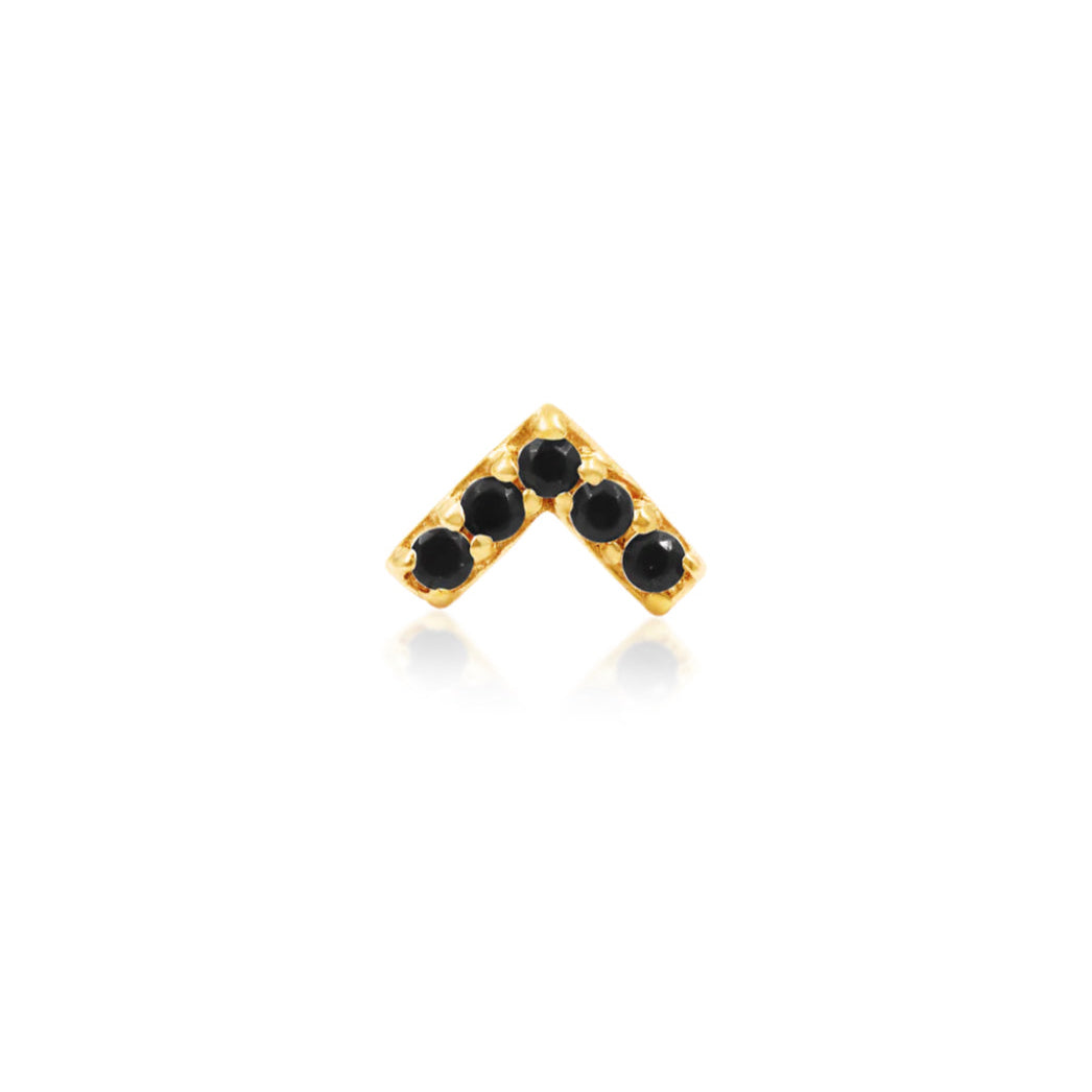 Junipurr Chevron Black CZ solid 14k yellow gold threadless decorative end with geometric black cubic zirconia design, front view for helix piercing jewellery